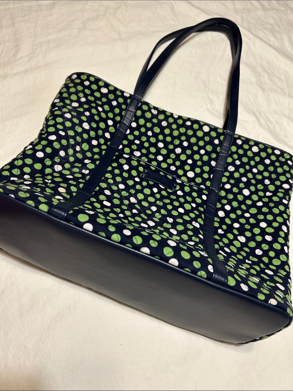 Vera Bradley Green and White Polka Dot Quilted Tote with Navy Trim
